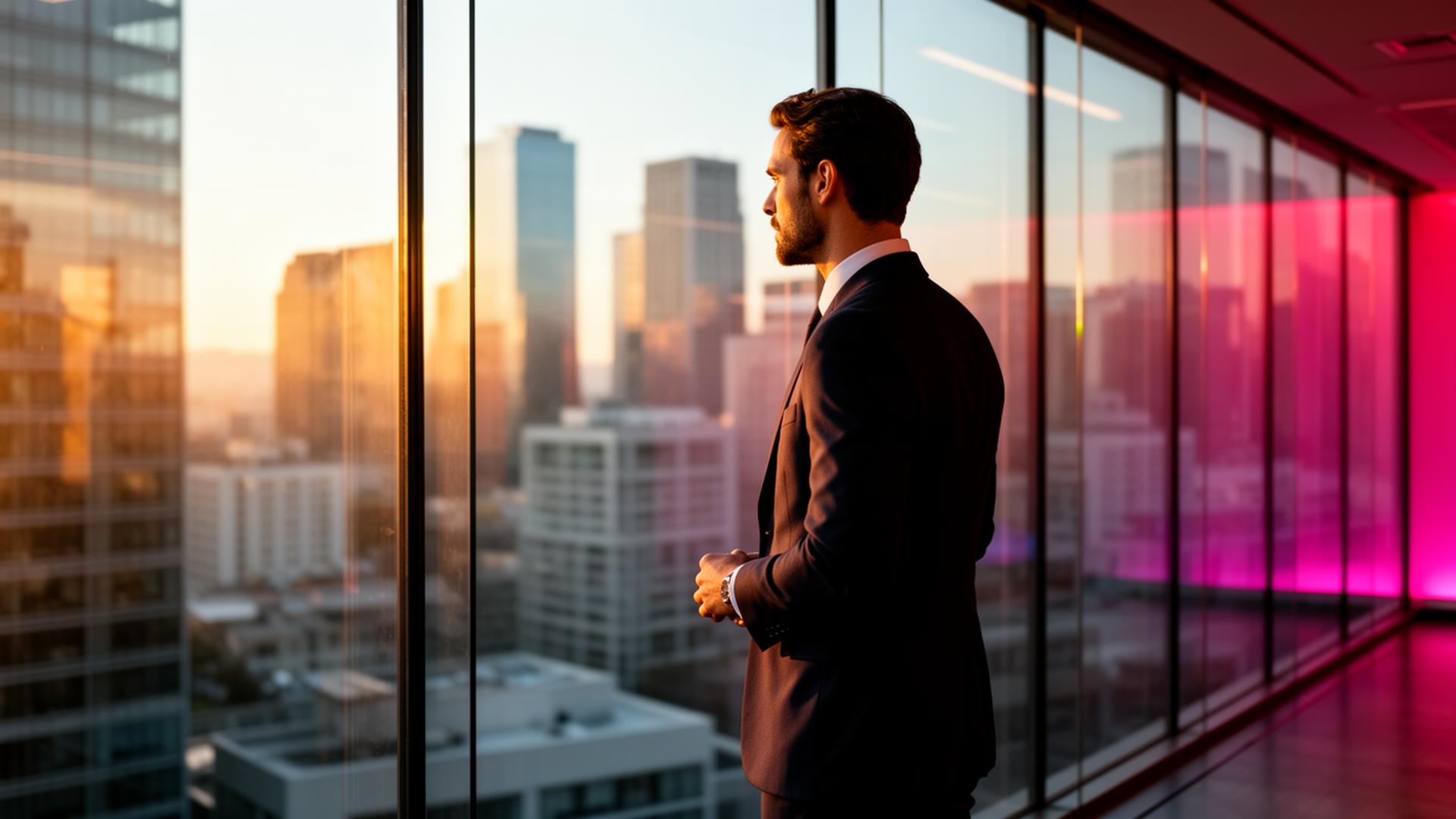Consultant overlooking a city skyline at sunset